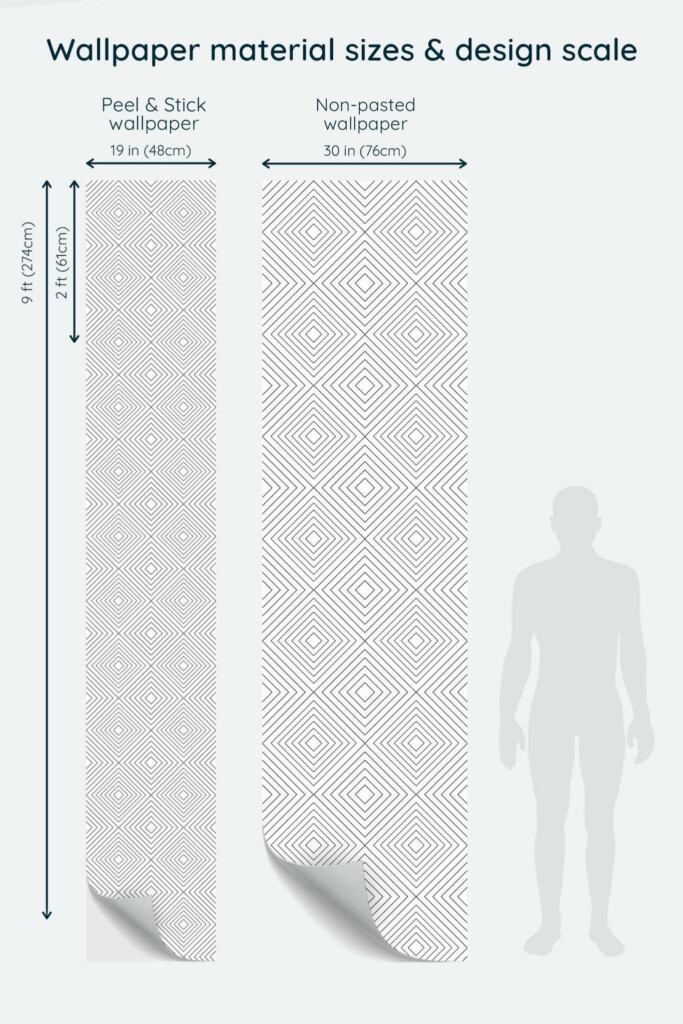 Size comparison of Black and white seamless geometric Peel & Stick and Non-pasted wallpapers with design scale relative to human figure