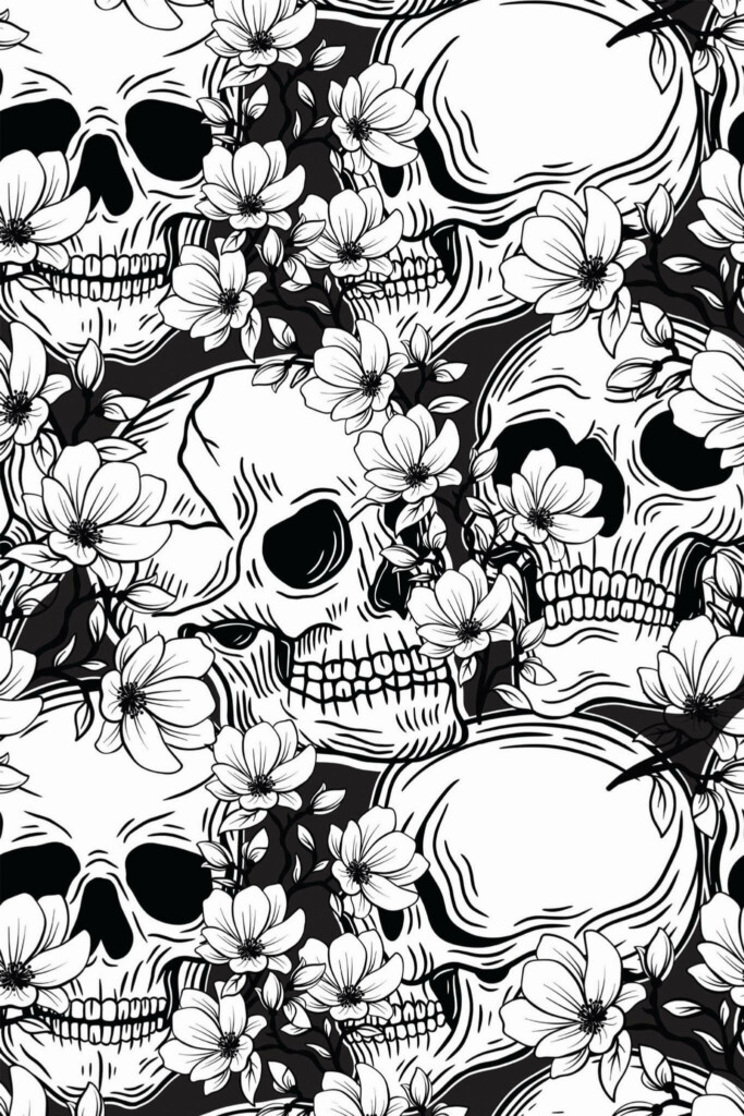 Pattern repeat of Black and white skull removable wallpaper design
