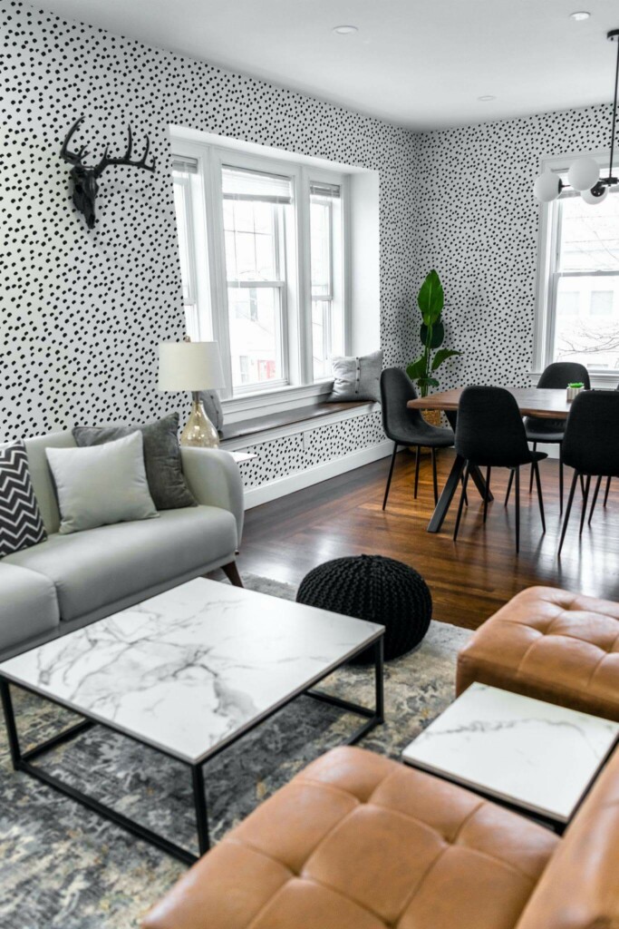 Mid-century modern scandinavian style living dining room decorated with Black and white small dots peel and stick wallpaper