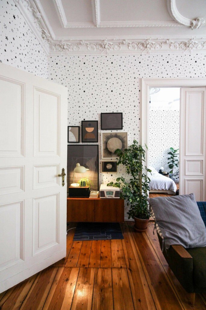 Mid-century modern luxury style living room and bedroom decorated with Black and white stars peel and stick wallpaper