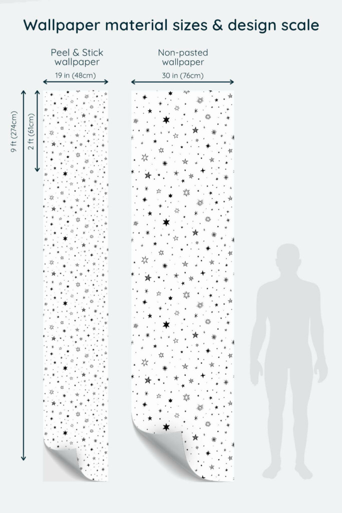 Size comparison of Black and white stars Peel & Stick and Non-pasted wallpapers with design scale relative to human figure