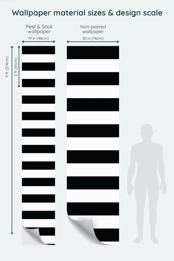Size comparison of Black and white striped Peel & Stick and Non-pasted wallpapers with design scale relative to human figure