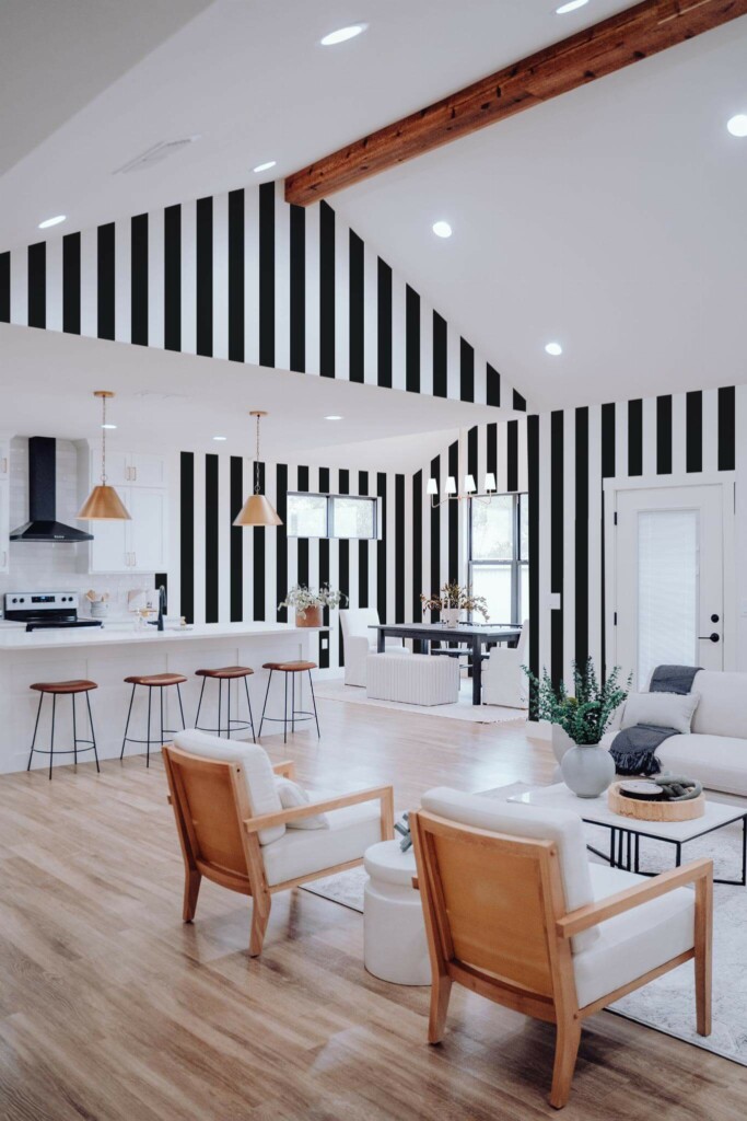 Contemporary style living room and kitchendecorated with Black and white stripes peel and stick wallpaper