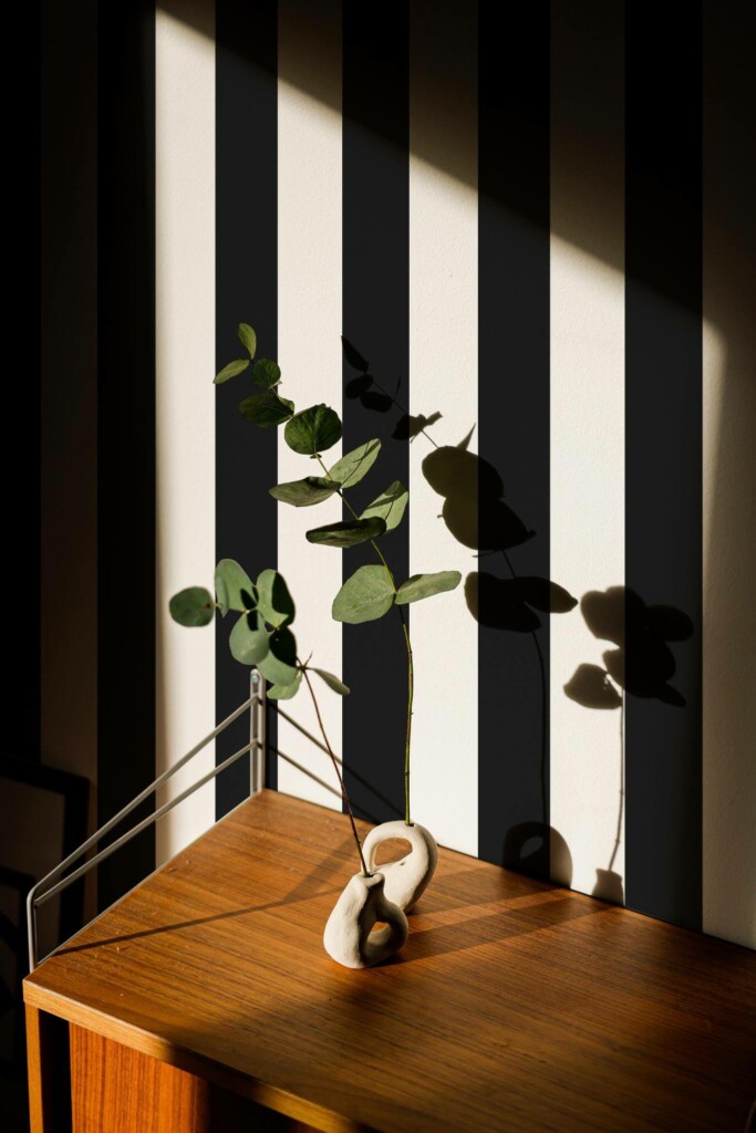 Mid-century style living room decorated with Black and white stripes peel and stick wallpaper