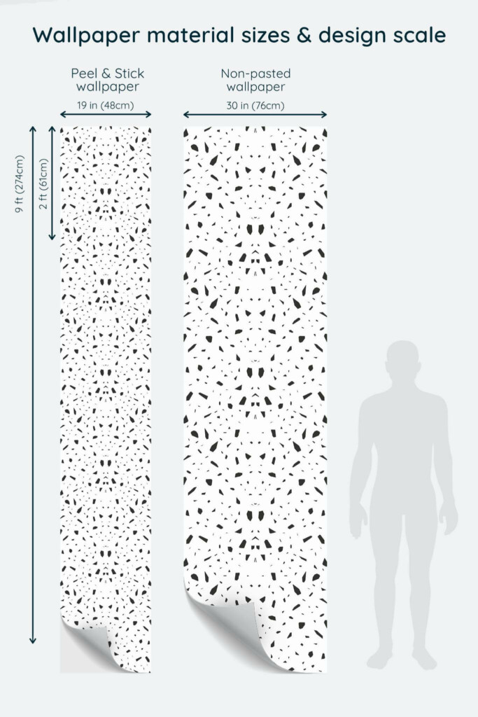 Size comparison of Black and white terrazzo Peel & Stick and Non-pasted wallpapers with design scale relative to human figure