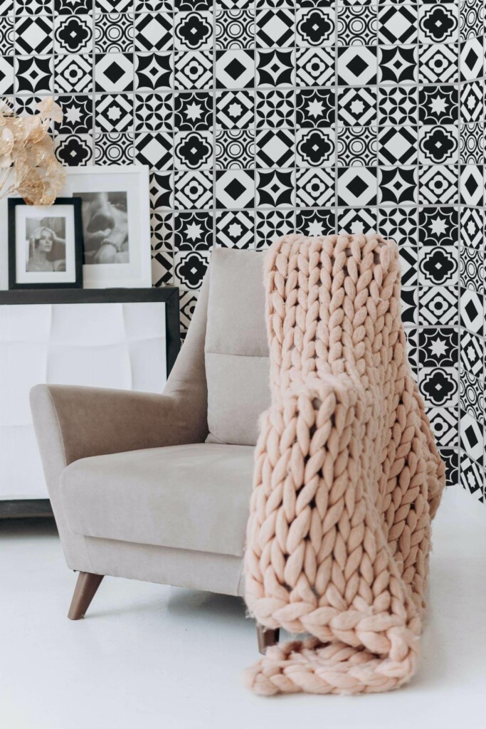 Boho style living room decorated with Black and white tile peel and stick wallpaper