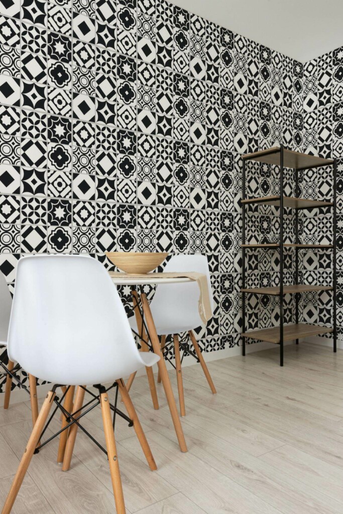 Minimalist style dining room decorated with Black and white tile peel and stick wallpaper