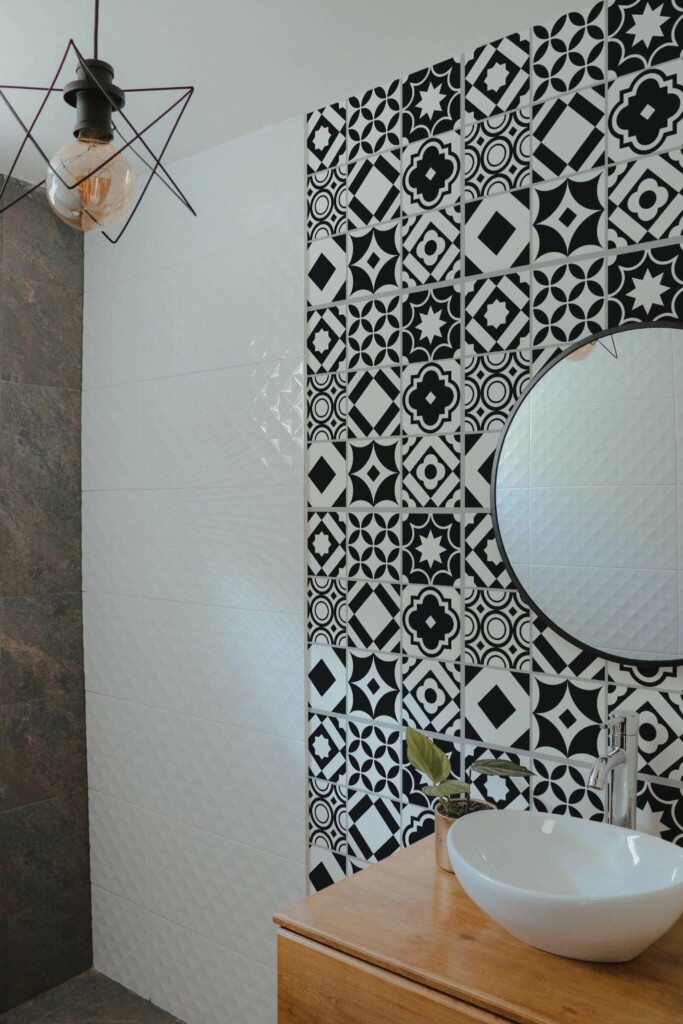Modern style bathroom decorated with Black and white tile peel and stick wallpaper