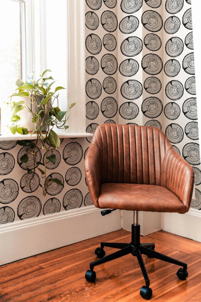 Mid-century modern style living room decorated with Black and white tree trunk peel and stick wallpaper