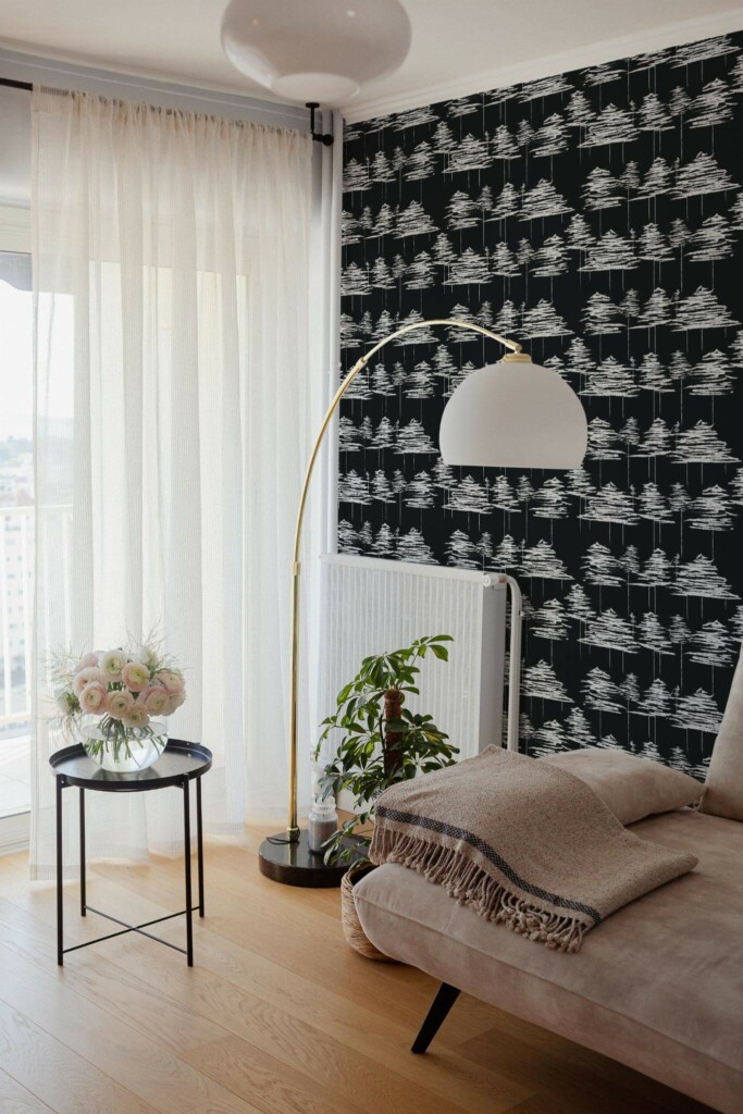 Bohemian Scandinavian style living room decorated with Black and white trees peel and stick wallpaper