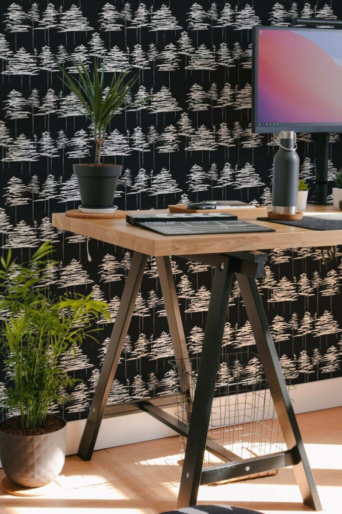 Scandinavian style home office decorated with Black and white trees peel and stick wallpaper