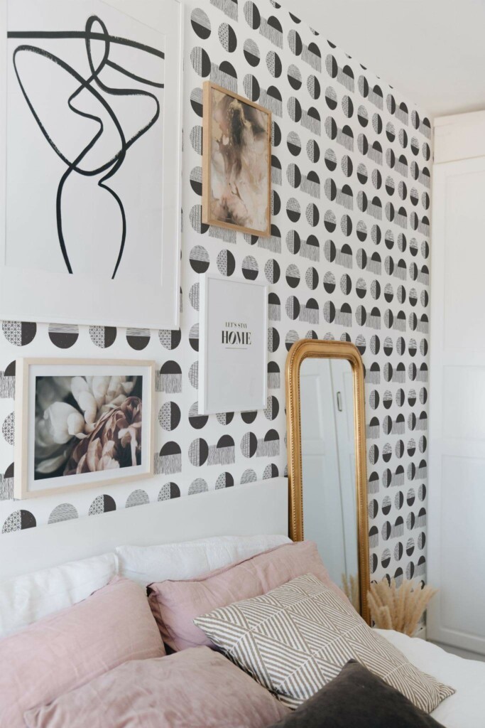 Bohemian style bedroom decorated with Black and white triangle peel and stick wallpaper