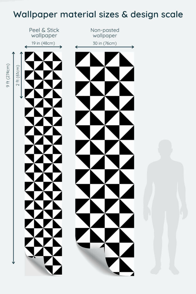 Size comparison of Black and white triangle Peel & Stick and Non-pasted wallpapers with design scale relative to human figure