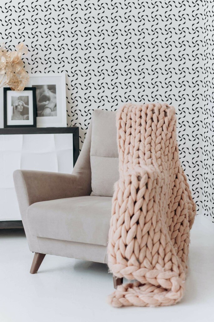 Boho style living room decorated with Black and white twirl peel and stick wallpaper
