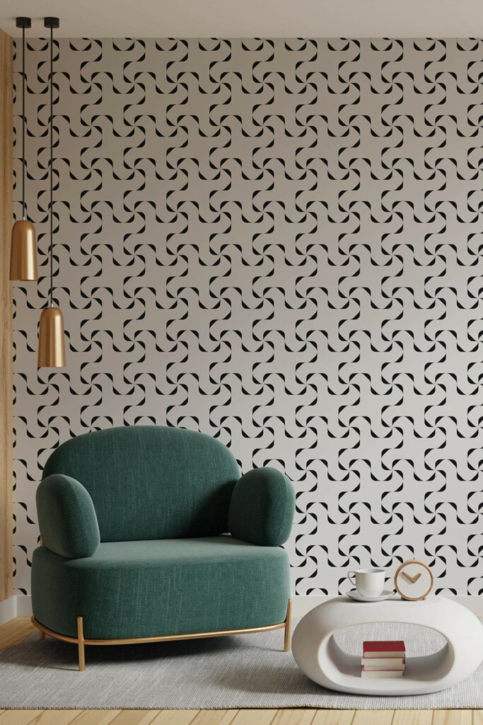 Contemporary style living room decorated with Black and white twirl peel and stick wallpaper