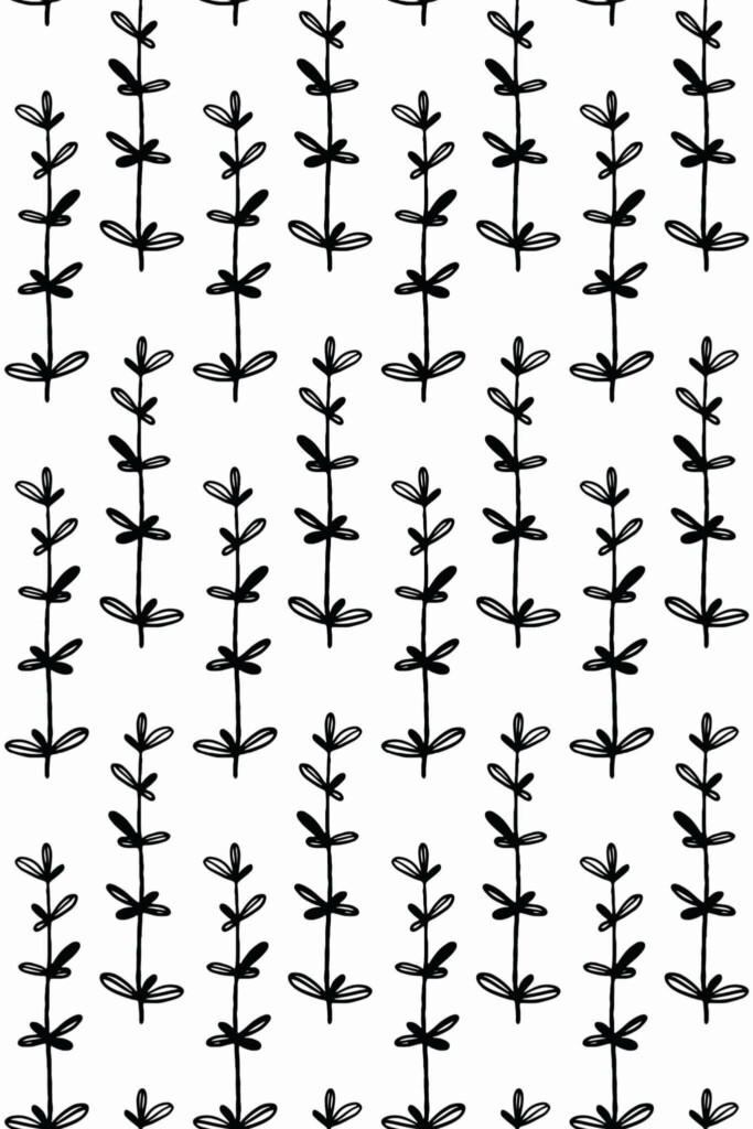 Pattern repeat of Black and white vertical leaf removable wallpaper design