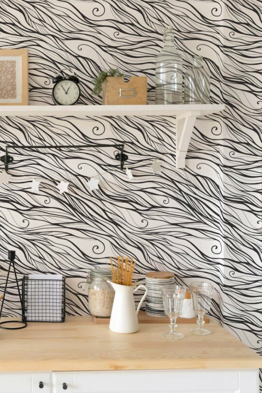 Light farmhouse style kitchen decorated with Black and white wave peel and stick wallpaper
