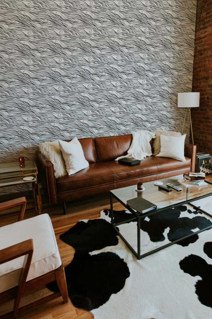 Mid-century modern style living room decorated with Black and white wave peel and stick wallpaper
