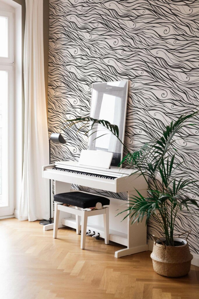 Modern style living room with a piano decorated with Black and white wave peel and stick wallpaper