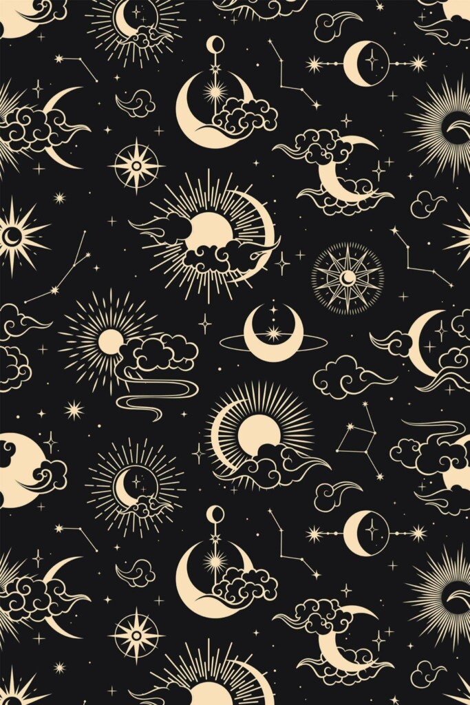 Pattern repeat of Black and yellow celestial removable wallpaper design