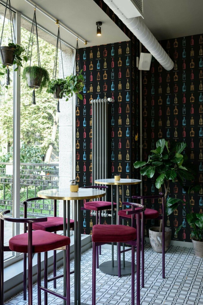 Modern style bar room decorated with Black bar peel and stick wallpaper