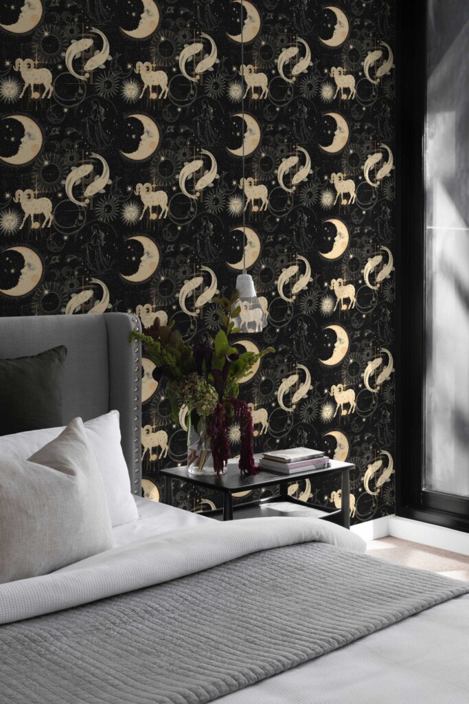 Fancy Walls self-adhesive wallpaper with black celestial design for bedroom walls