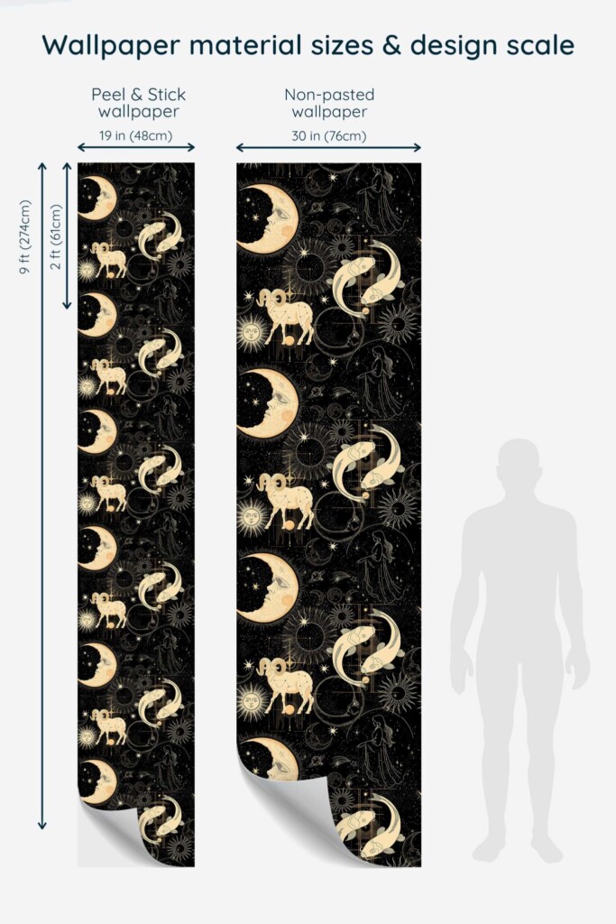 Fancy Walls removable wallpaper featuring black celestial pattern for bedroom walls