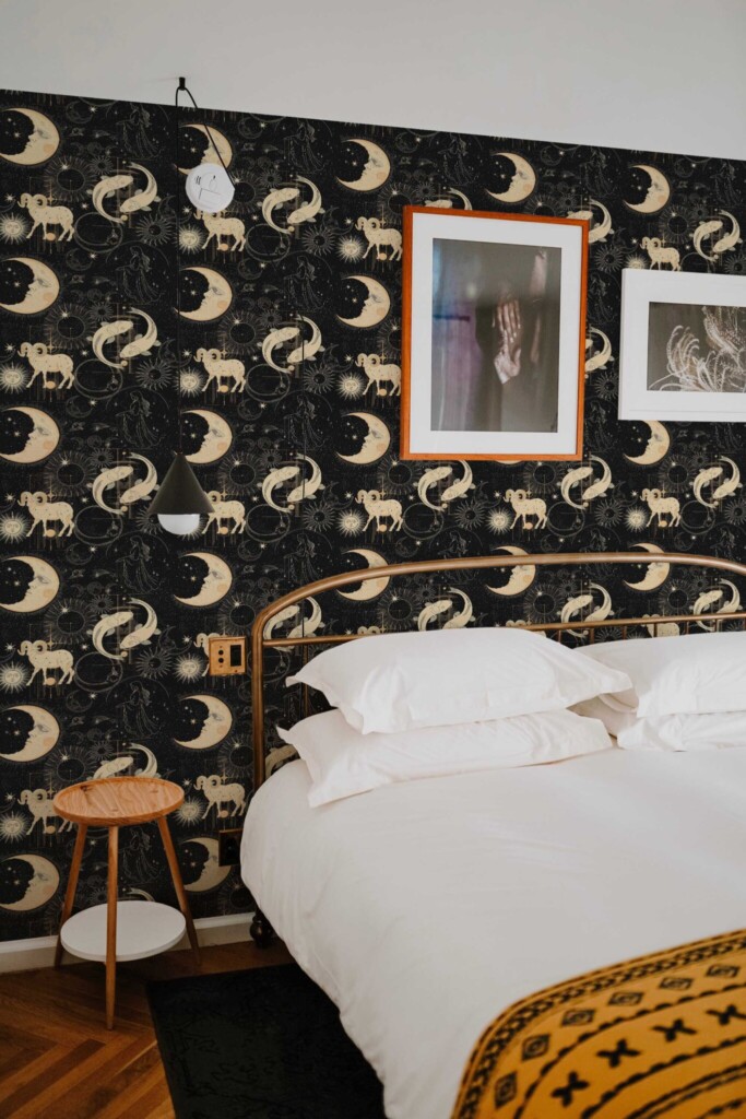 Fancy Walls peel and stick wallpaper in black celestial pattern for bedroom walls