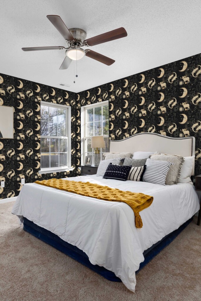 Fancy Walls black celestial gothic wallpaper for walls in bedroom decor. Zodiac Dreams wallpaper peel and stick or non-pasted
