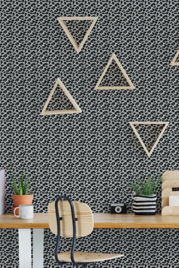 Scandinavian style home office decorated with Black cheetah pattern peel and stick wallpaper