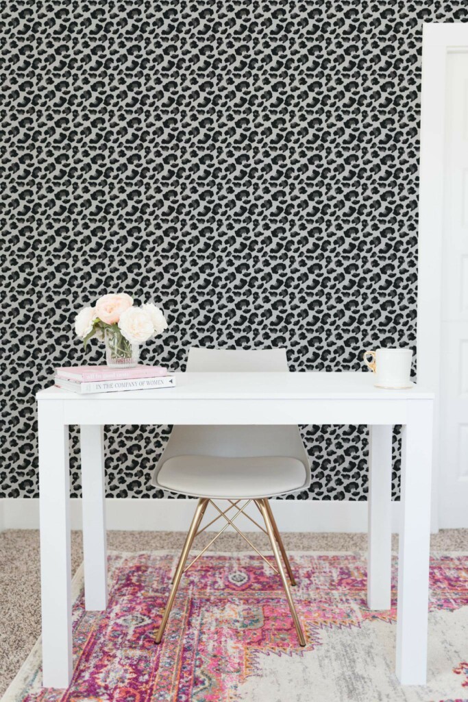 Shabby chic style home office decorated with Black cheetah pattern peel and stick wallpaper