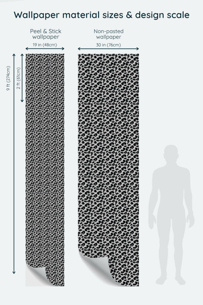 Size comparison of Black cheetah pattern Peel & Stick and Non-pasted wallpapers with design scale relative to human figure