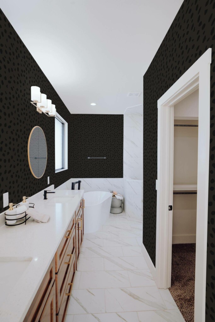 Light farmhouse style bathroom decorated with Black cheetah print peel and stick wallpaper