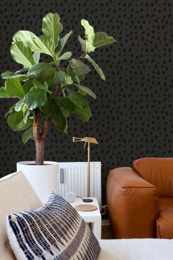 Mid-century style living room decorated with Black cheetah print peel and stick wallpaper
