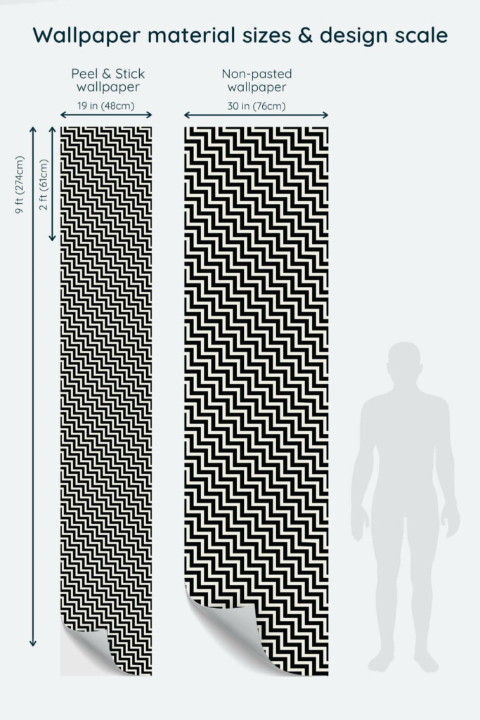 Size comparison of Black chevron Peel & Stick and Non-pasted wallpapers with design scale relative to human figure
