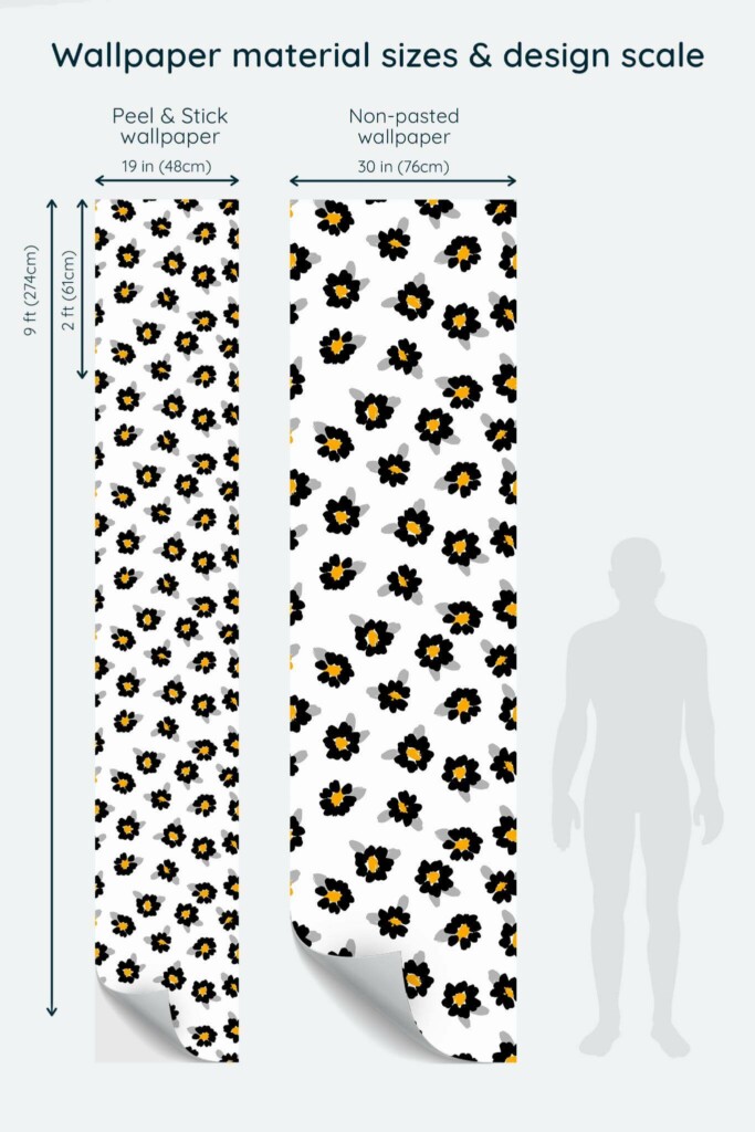 Size comparison of Black daisy Peel & Stick and Non-pasted wallpapers with design scale relative to human figure