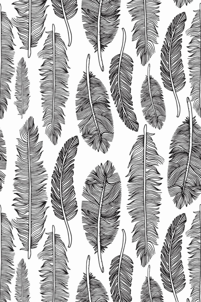 Pattern repeat of Black feather removable wallpaper design