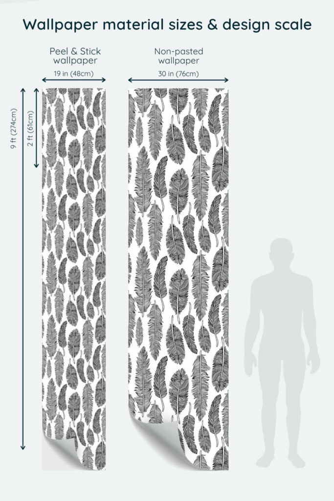 Size comparison of Black feather Peel & Stick and Non-pasted wallpapers with design scale relative to human figure