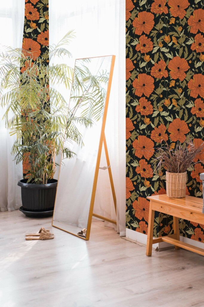 Boho style powder corner decorated with Black floral peel and stick wallpaper