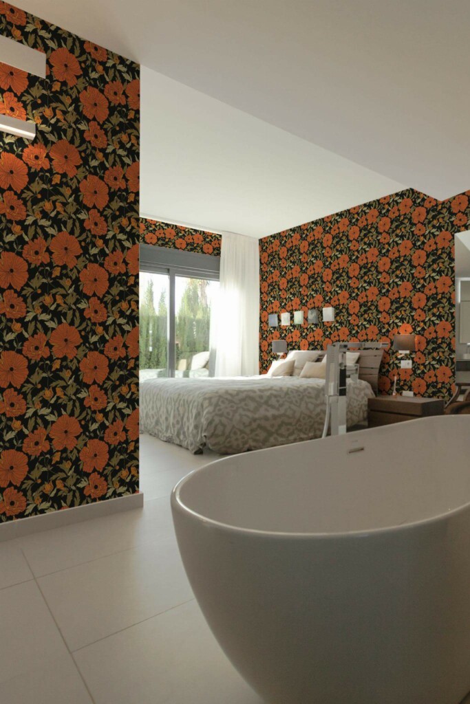 Modern style bedroom with open bathroom decorated with Black floral peel and stick wallpaper
