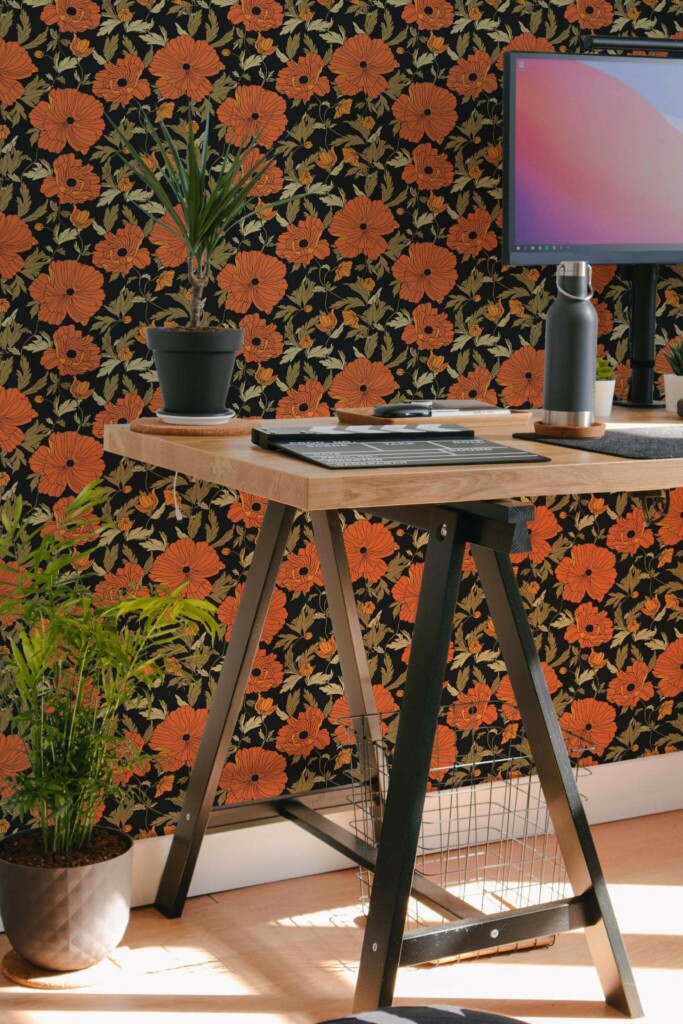 Scandinavian style home office decorated with Black floral peel and stick wallpaper
