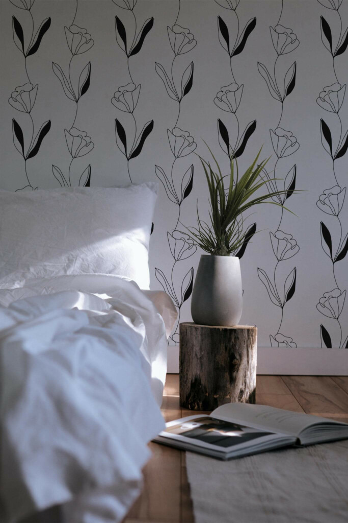 Minimal scandinavian style bedroom decorated with Black flowers peel and stick wallpaper