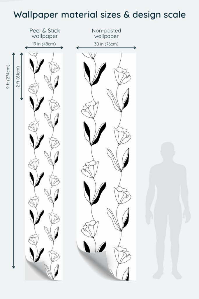 Size comparison of Black flowers Peel & Stick and Non-pasted wallpapers with design scale relative to human figure