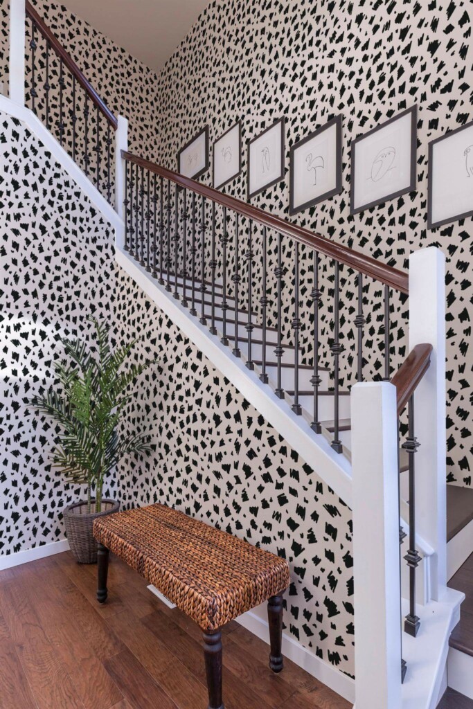 Rustic style entryway decorated with Black hand drawn spots peel and stick wallpaper