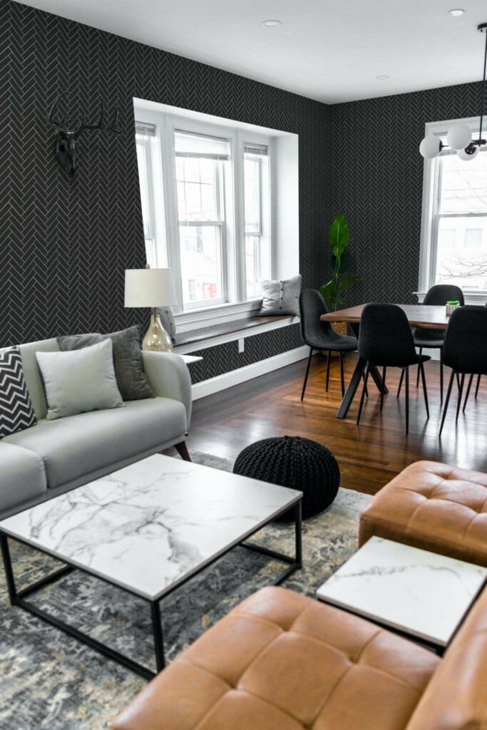Mid-century modern scandinavian style living dining room decorated with Black herringbone peel and stick wallpaper