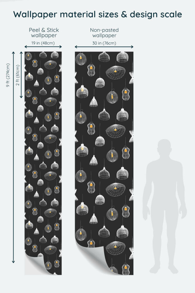 Size comparison of Black lamps Peel & Stick and Non-pasted wallpapers with design scale relative to human figure