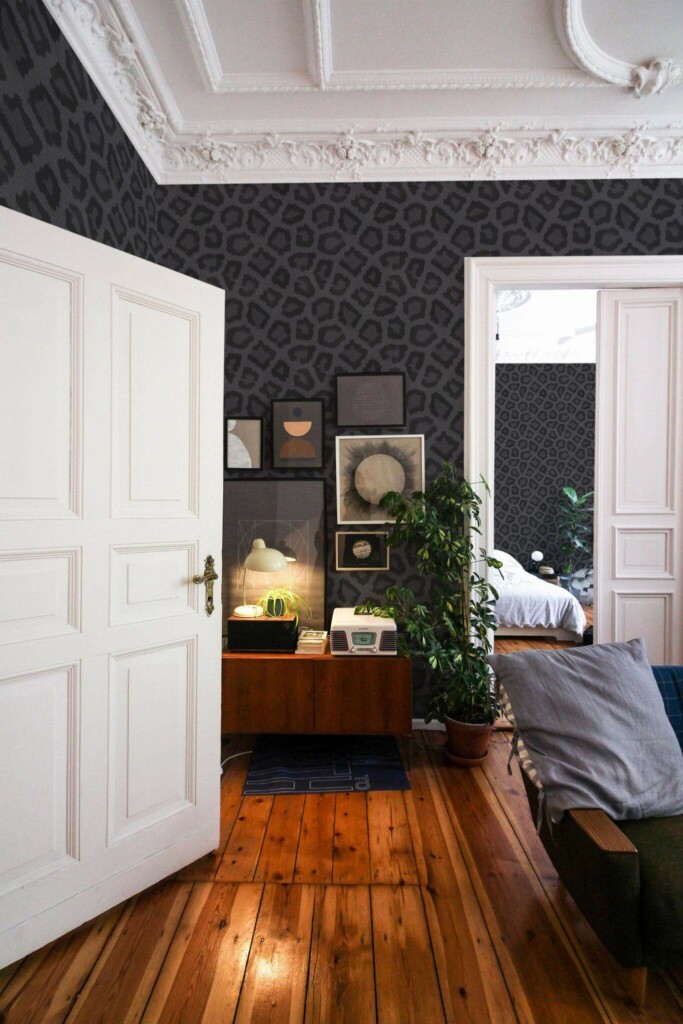 Mid-century modern luxury style living room and bedroom decorated with Black leopard pattern peel and stick wallpaper