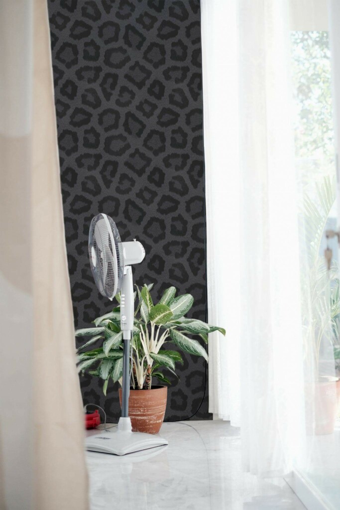 Minimal style living room decorated with Black leopard pattern peel and stick wallpaper