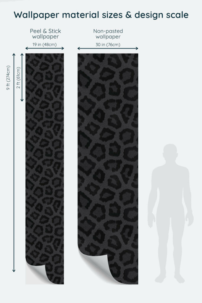 Size comparison of Black leopard pattern Peel & Stick and Non-pasted wallpapers with design scale relative to human figure