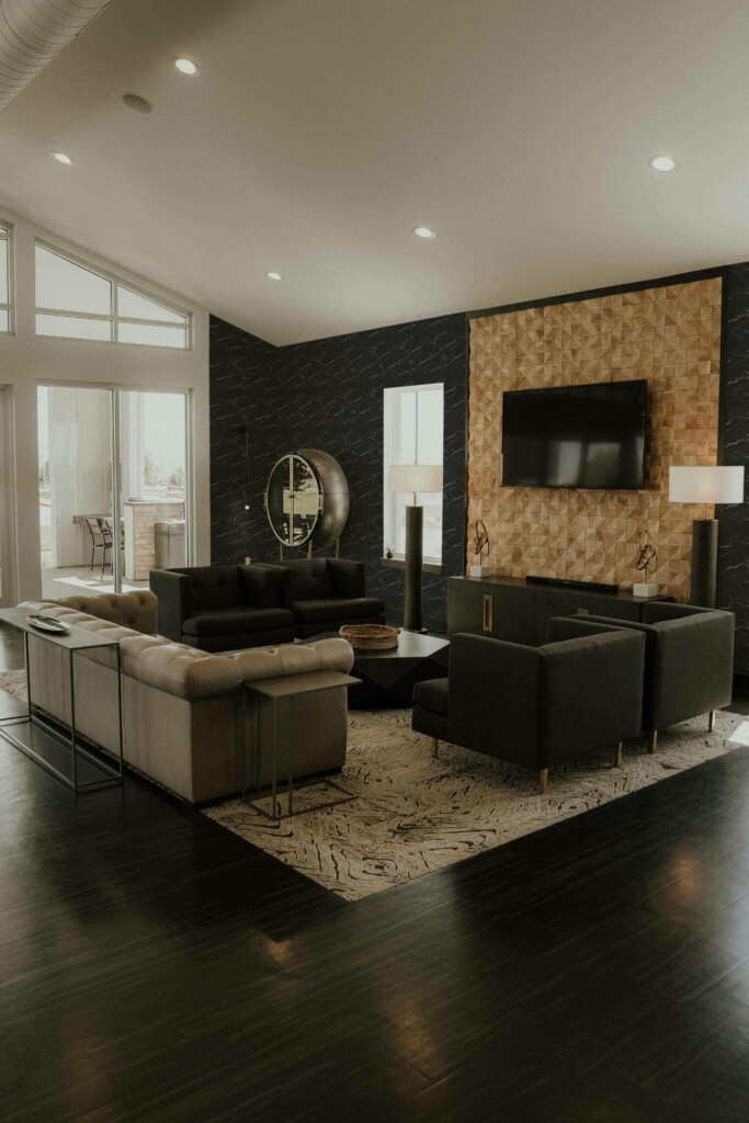 Hollywood glam style living room decorated with Black Marble peel and stick wallpaper